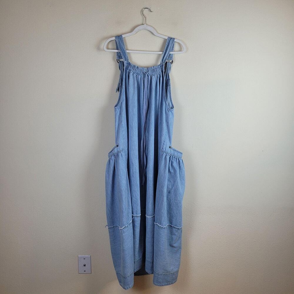 Free People Dress Medium Blue Denim Machu Barrel Relaxed Midi Boho Oversized - Picture 4 of 11